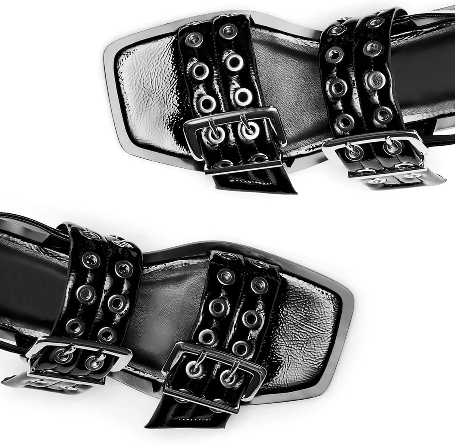 Women Sandals Slingback Squared Head Ankle Strap Wide Buckle Casual Goth Ballet Flats Low Chunky Heel Heels