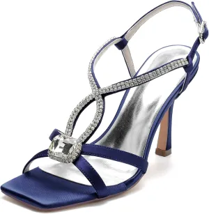 Women Satin Open Toe Stiletto Sandals Crystal Satin Wedding Shoes for Bride Slingback Party Prom Dressy High Heels Shoes 9.5Cm