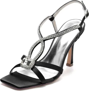 Women Satin Open Toe Stiletto Sandals Crystal Satin Wedding Shoes for Bride Slingback Party Prom Dressy High Heels Shoes 9.5Cm