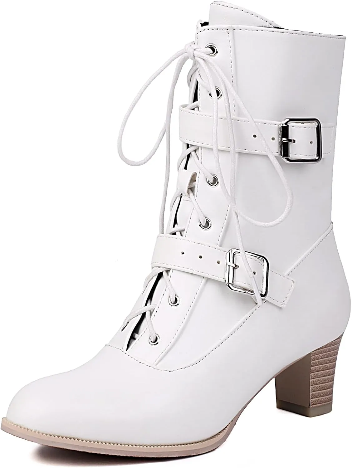 Women Short Ankle Boots Lace Up Bukle Boots Side Zipper Victorian Booties Kitten Heel