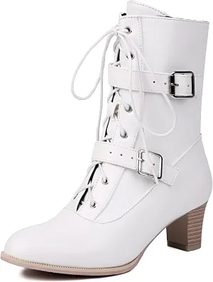 Women Short Ankle Boots Lace Up Bukle Boots Side Zipper Victorian Booties Kitten Heel