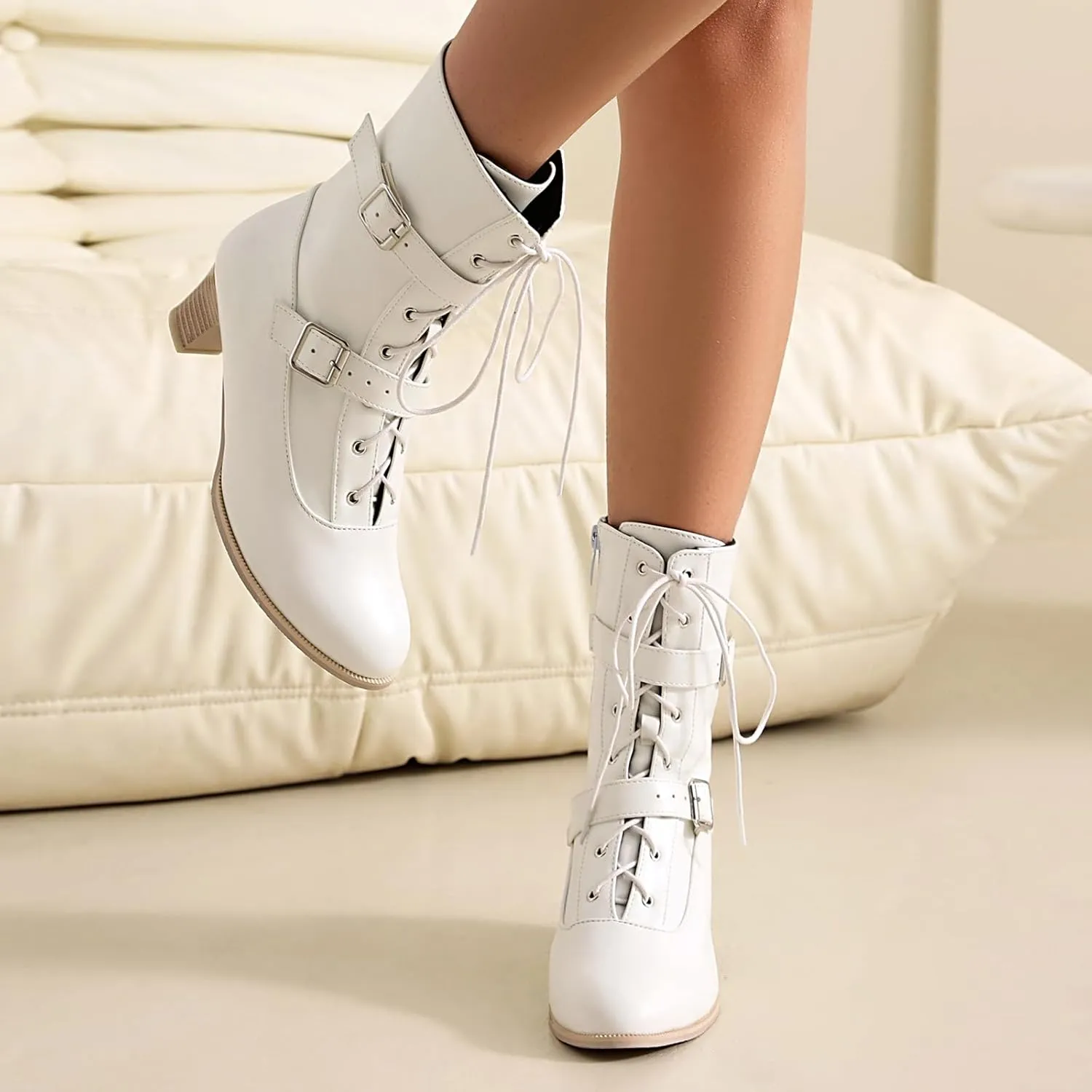 Women Short Ankle Boots Lace Up Bukle Boots Side Zipper Victorian Booties Kitten Heel