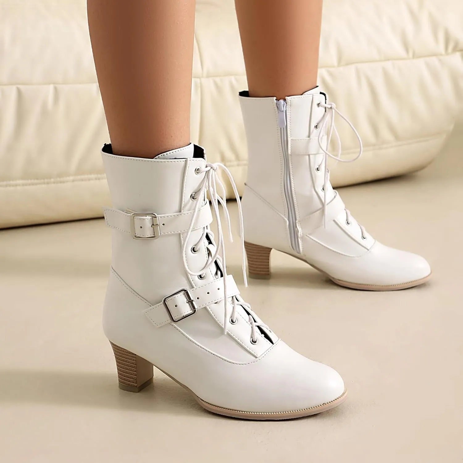 Women Short Ankle Boots Lace Up Bukle Boots Side Zipper Victorian Booties Kitten Heel