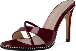 Women Stilettos High Heels Mules Open Round Toe Sandals Slip-on Comfort Sexy Dress Beaded Pumps Sandals Evening Party Prom 4 Inch Heeled Sandals