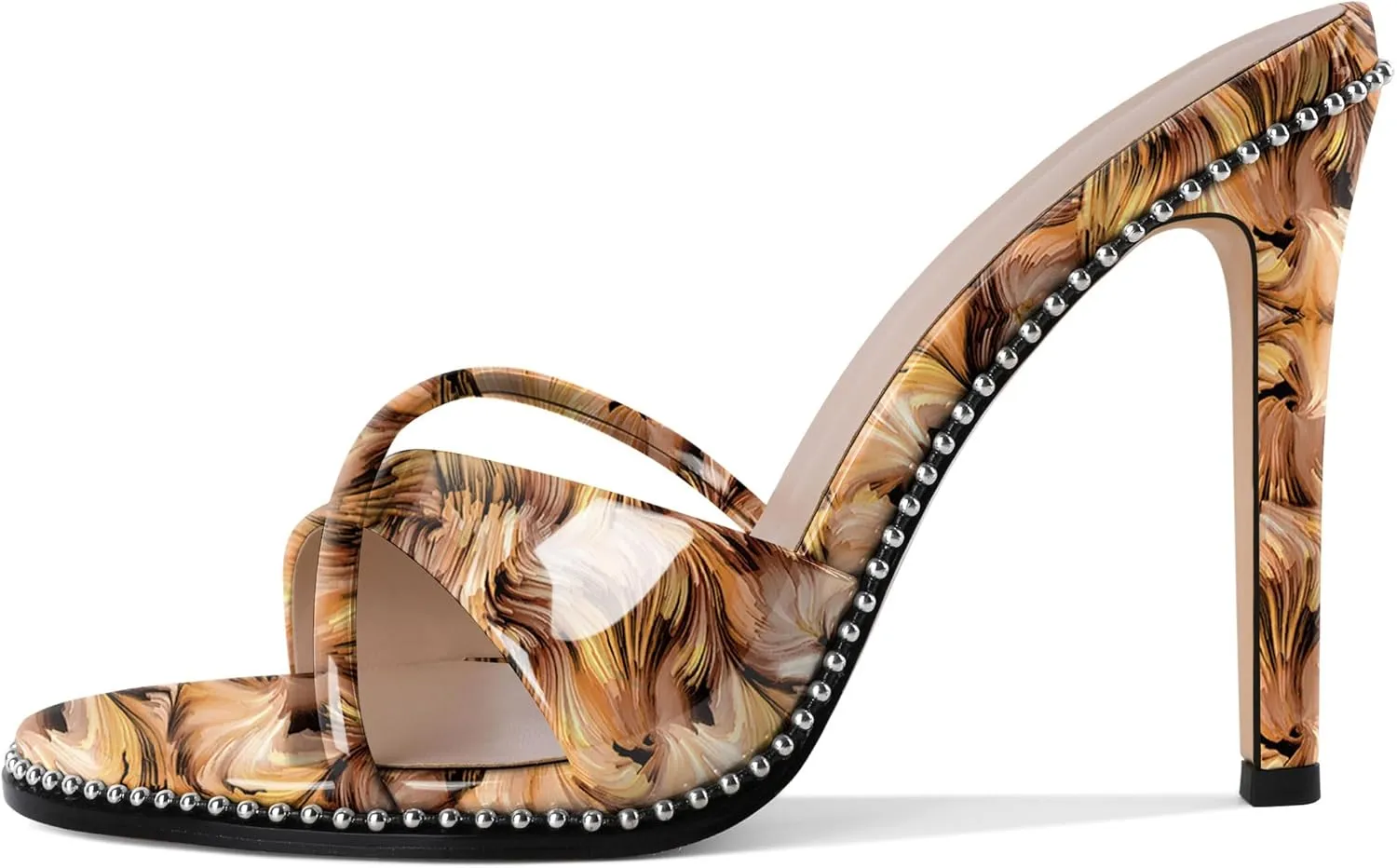 Women Stilettos High Heels Mules Open Round Toe Sandals Slip-on Comfort Sexy Dress Beaded Pumps Sandals Evening Party Prom 4 Inch Heeled Sandals