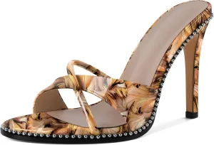 Women Stilettos High Heels Mules Open Round Toe Sandals Slip-on Comfort Sexy Dress Beaded Pumps Sandals Evening Party Prom 4 Inch Heeled Sandals