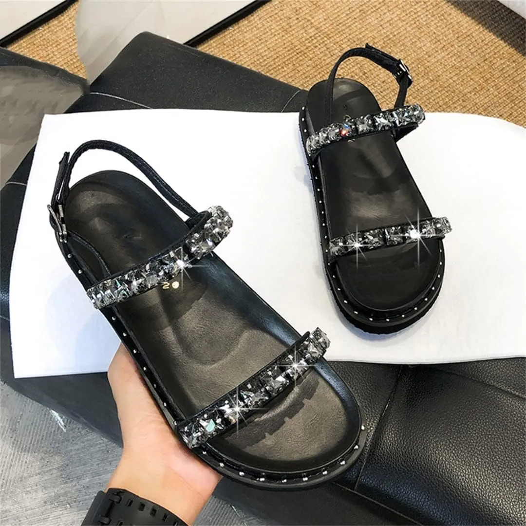 Women Summer Buckle Strap Rhinestone Sandals Ladies Thick Platform Flat Crystal Beads Beach Shoes