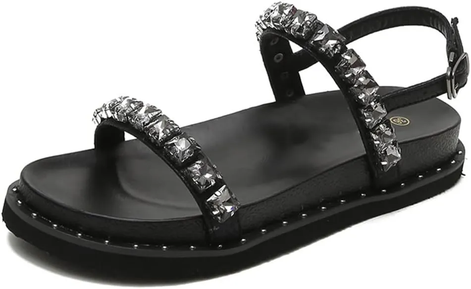 Women Summer Buckle Strap Rhinestone Sandals Ladies Thick Platform Flat Crystal Beads Beach Shoes