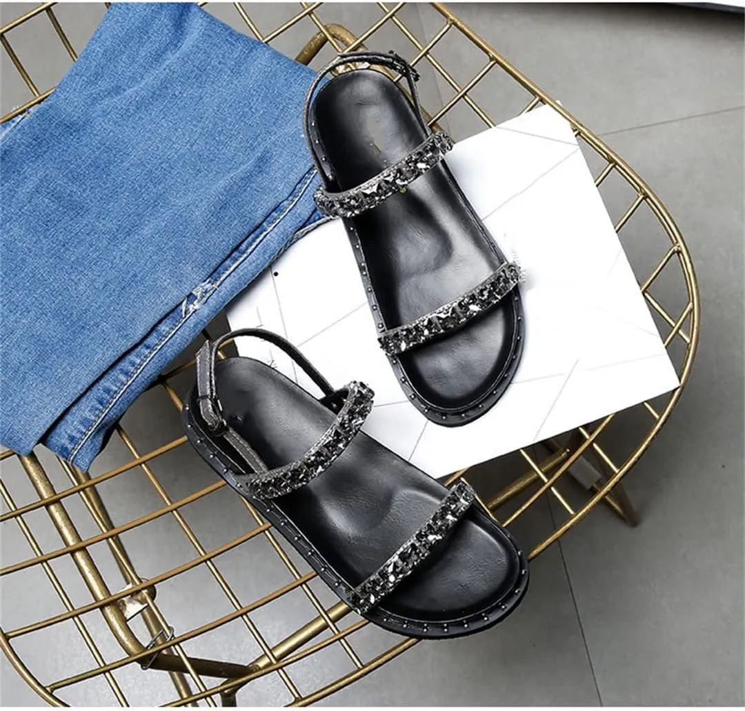 Women Summer Buckle Strap Rhinestone Sandals Ladies Thick Platform Flat Crystal Beads Beach Shoes