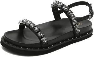 Women Summer Buckle Strap Rhinestone Sandals Ladies Thick Platform Flat Crystal Beads Beach Shoes