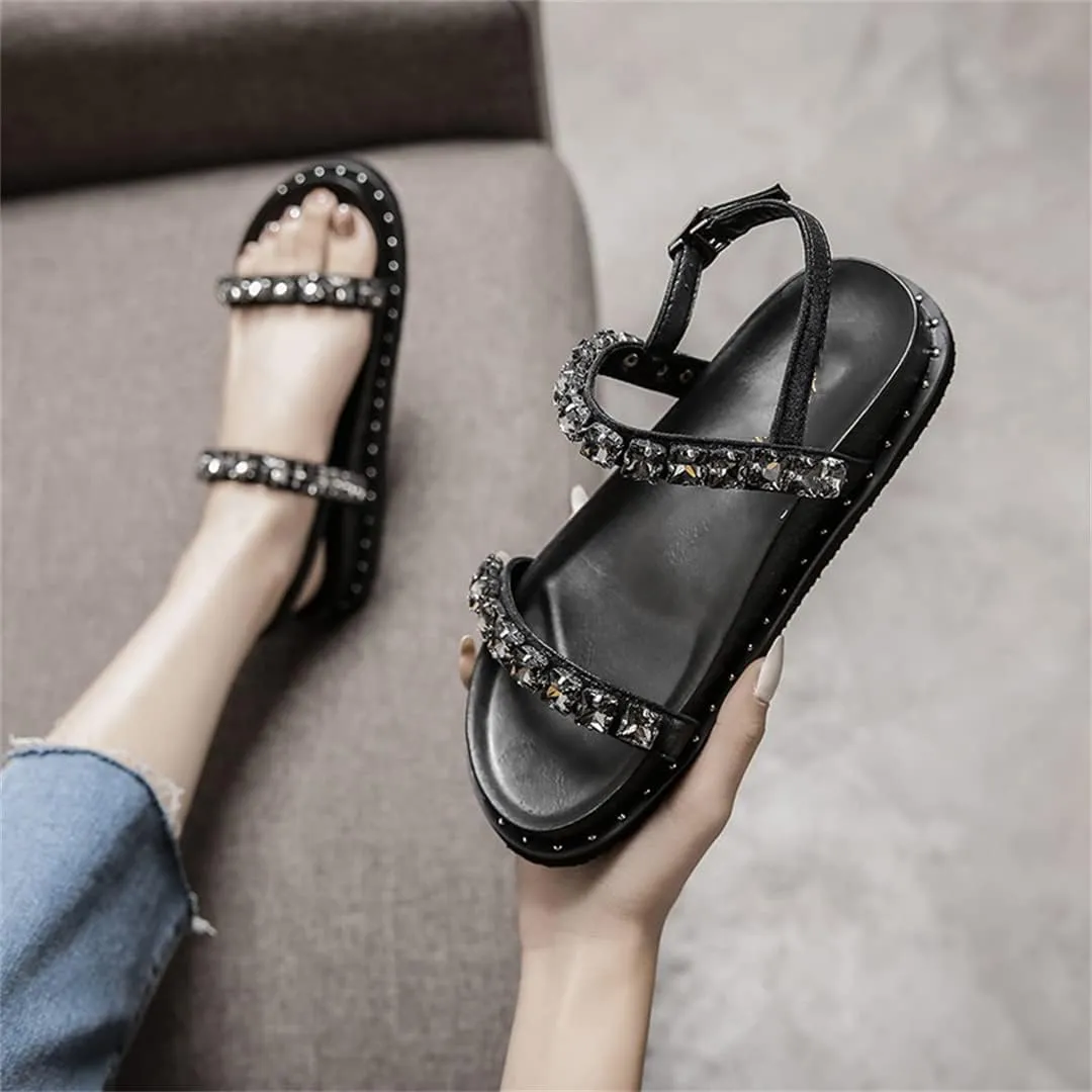 Women Summer Buckle Strap Rhinestone Sandals Ladies Thick Platform Flat Crystal Beads Beach Shoes