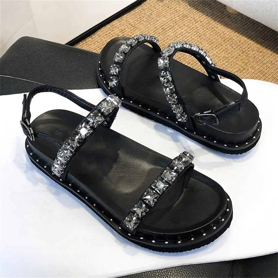 Women Summer Buckle Strap Rhinestone Sandals Ladies Thick Platform Flat Crystal Beads Beach Shoes