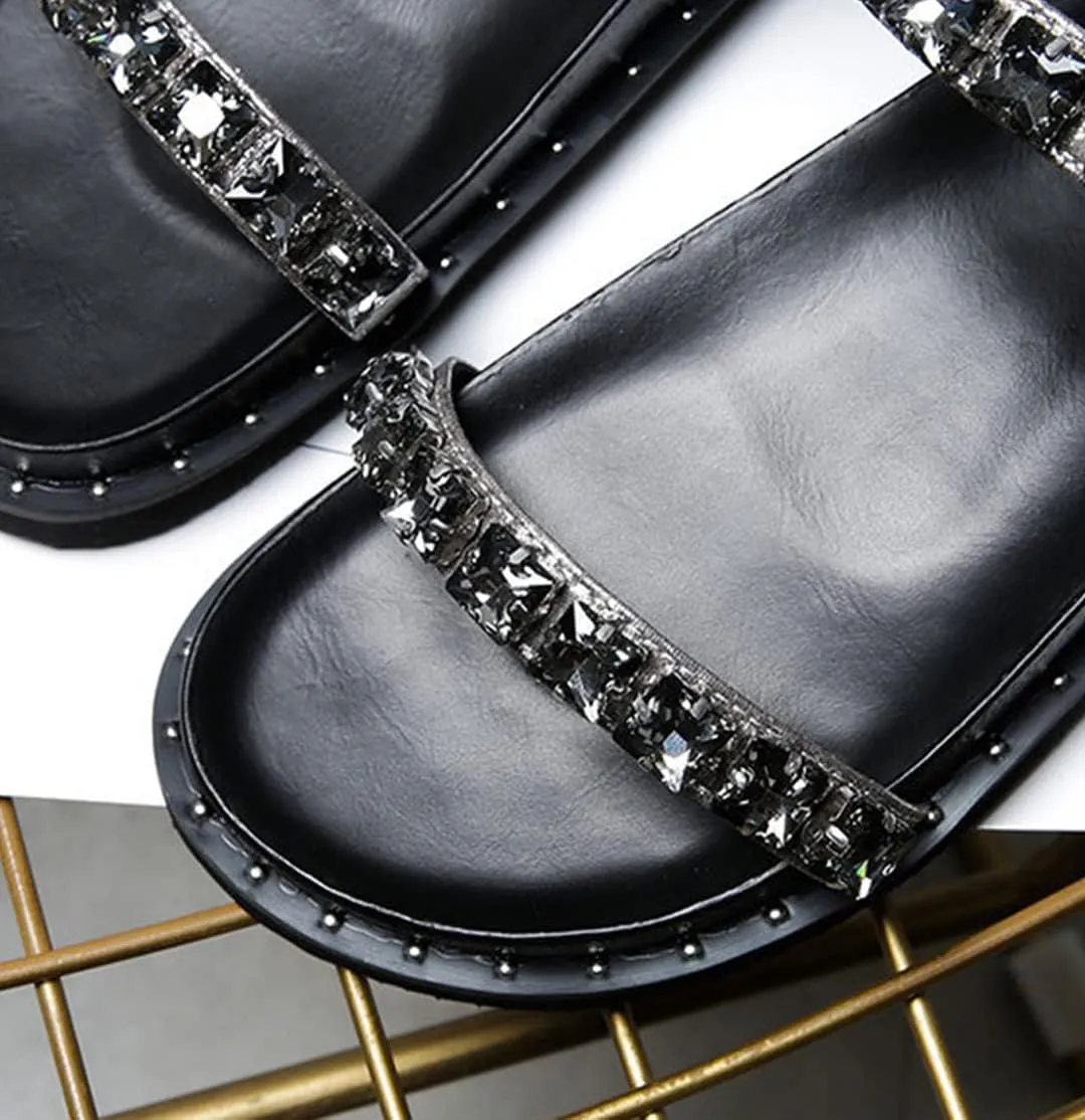 Women Summer Buckle Strap Rhinestone Sandals Ladies Thick Platform Flat Crystal Beads Beach Shoes