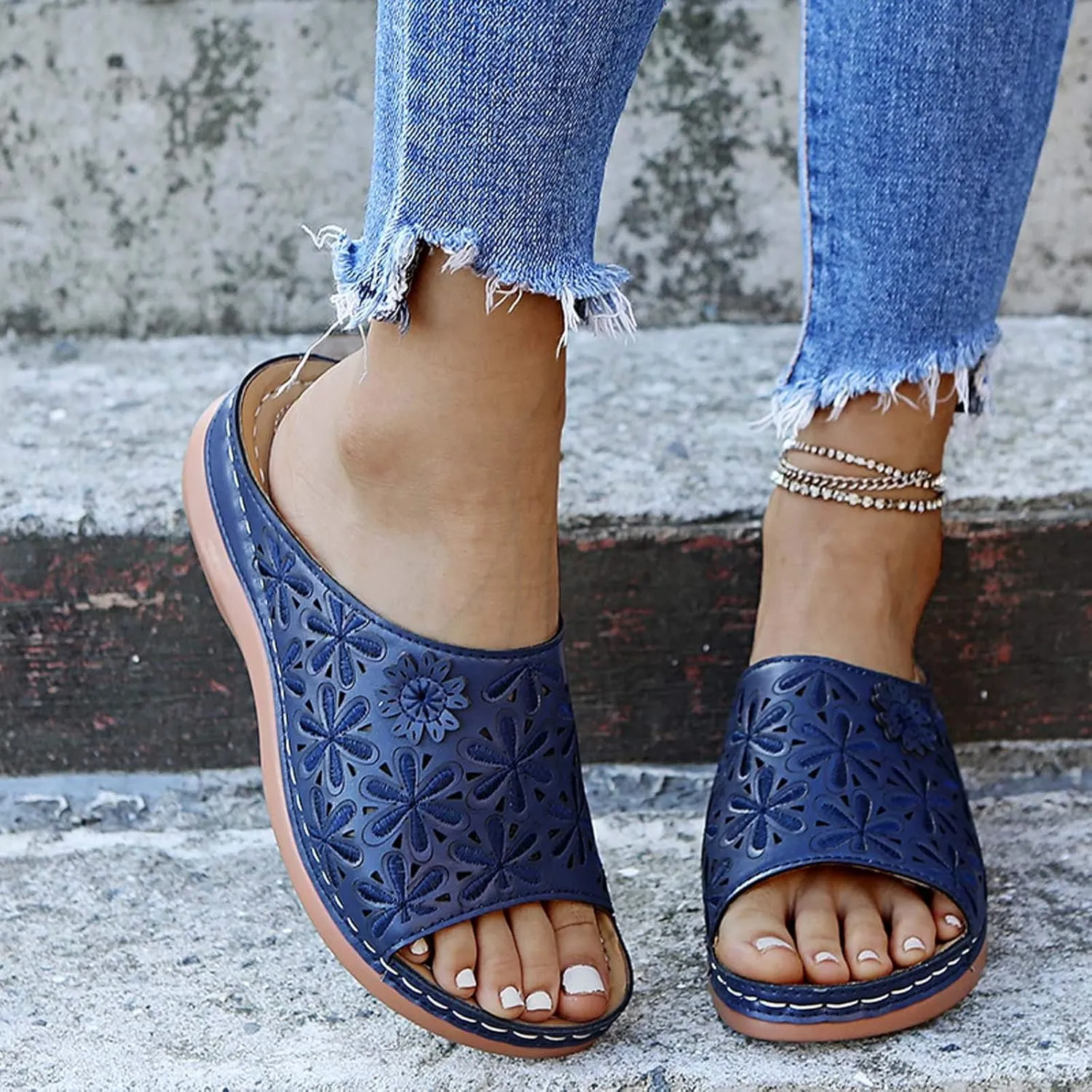 Women Summer Slip-On Wedges Beach Square Open Toe Breathable Sandals Embroidery Shoes Comfortable Flats (Blue-07#, 9.5)