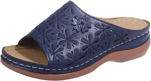 Women Summer Slip-On Wedges Beach Square Open Toe Breathable Sandals Embroidery Shoes Comfortable Flats (Blue-07#, 9.5)