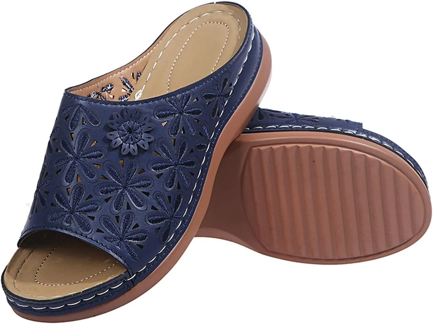 Women Summer Slip-On Wedges Beach Square Open Toe Breathable Sandals Embroidery Shoes Comfortable Flats (Blue-07#, 9.5)