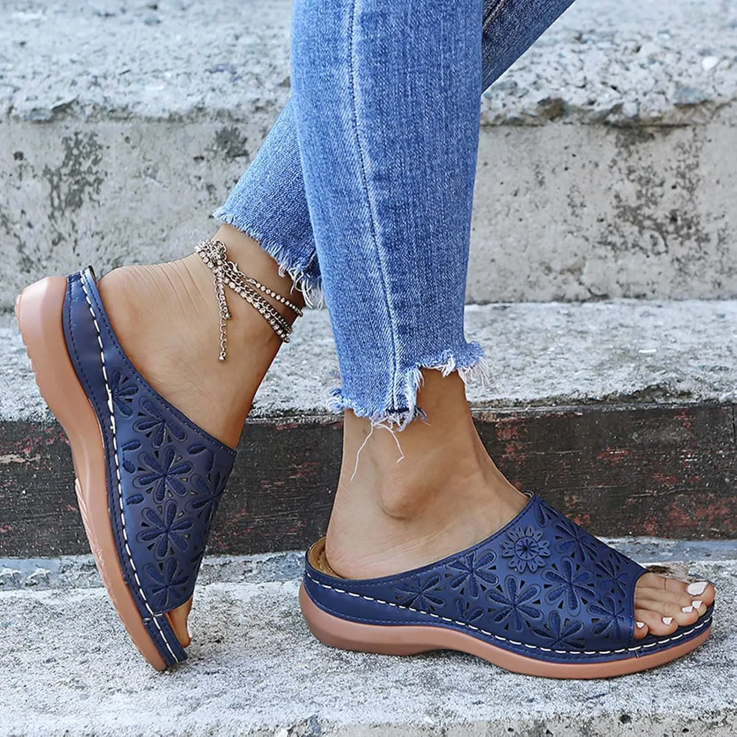 Women Summer Slip-On Wedges Beach Square Open Toe Breathable Sandals Embroidery Shoes Comfortable Flats (Blue-07#, 9.5)