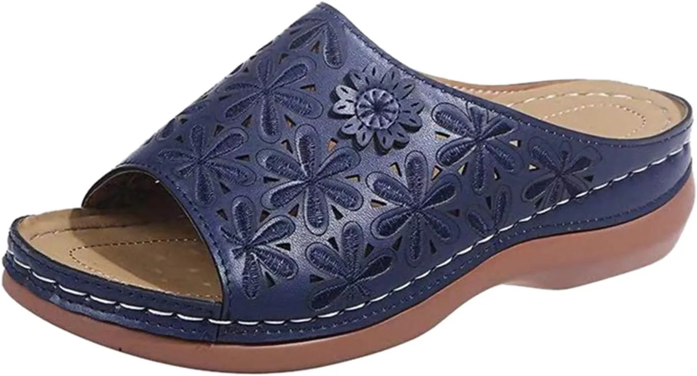 Women Summer Slip-On Wedges Beach Square Open Toe Breathable Sandals Embroidery Shoes Comfortable Flats (Blue-07#, 9.5)