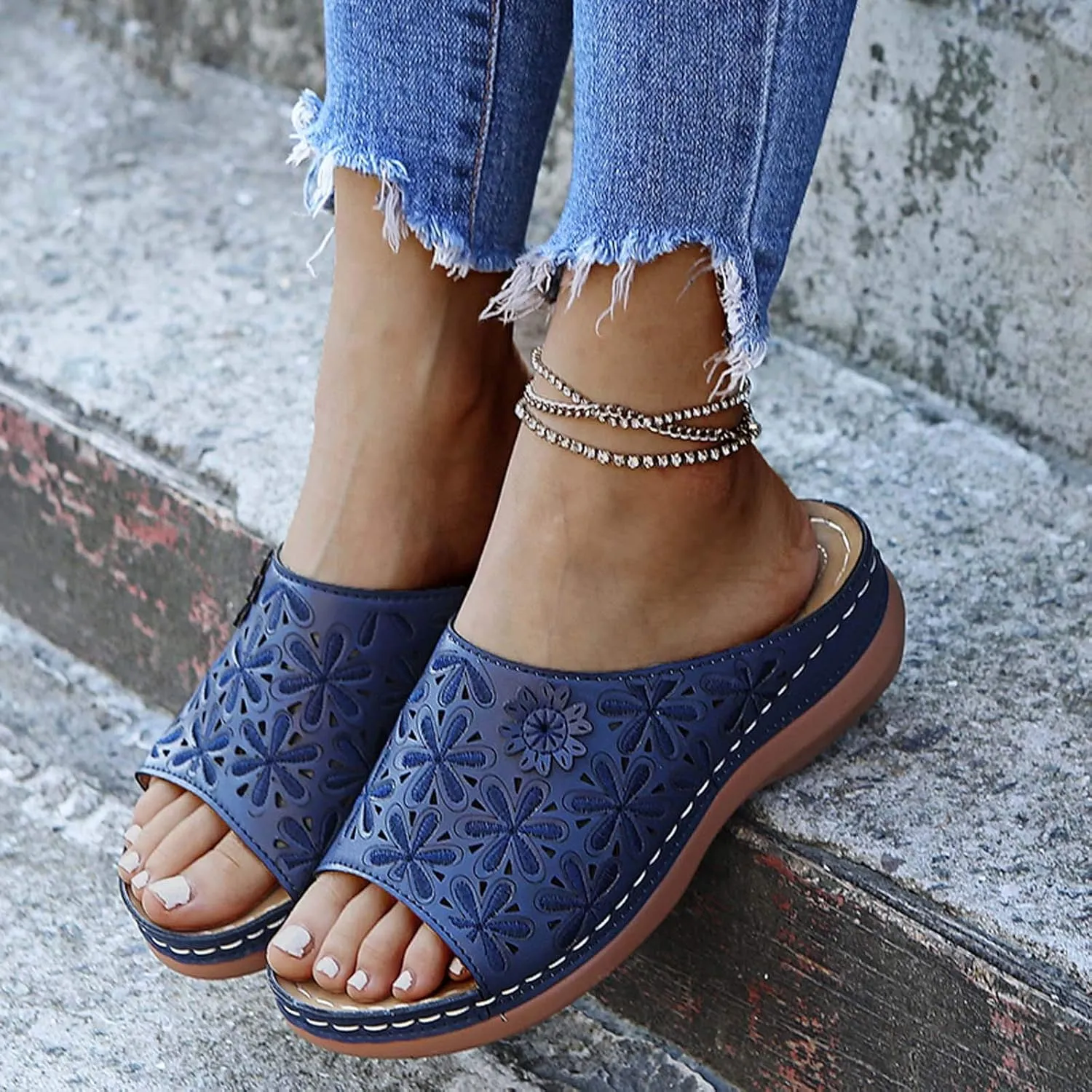 Women Summer Slip-On Wedges Beach Square Open Toe Breathable Sandals Embroidery Shoes Comfortable Flats (Blue-07#, 9.5)