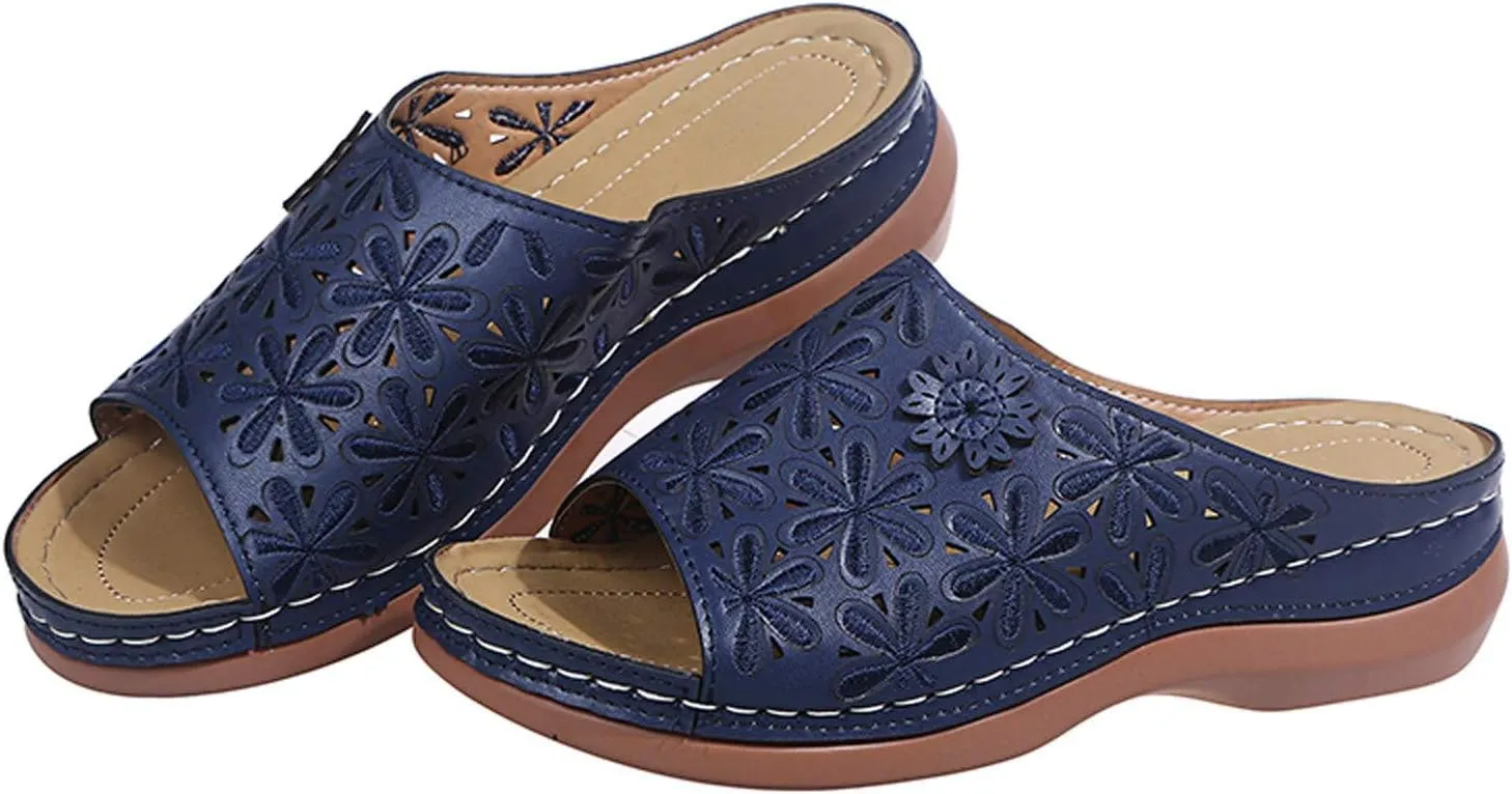 Women Summer Slip-On Wedges Beach Square Open Toe Breathable Sandals Embroidery Shoes Comfortable Flats (Blue-07#, 9.5)