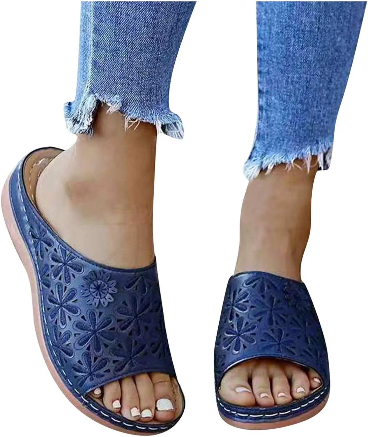 Women Summer Slip-On Wedges Beach Square Open Toe Breathable Sandals Embroidery Shoes Comfortable Flats (Blue-07#, 9.5)