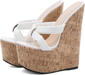 Women Wedge Platform High Sandals, Open Toe Flip Flop Breathable Shoes Slip on Leather Cork Straw Crochet Dress Shoe 17.5CM