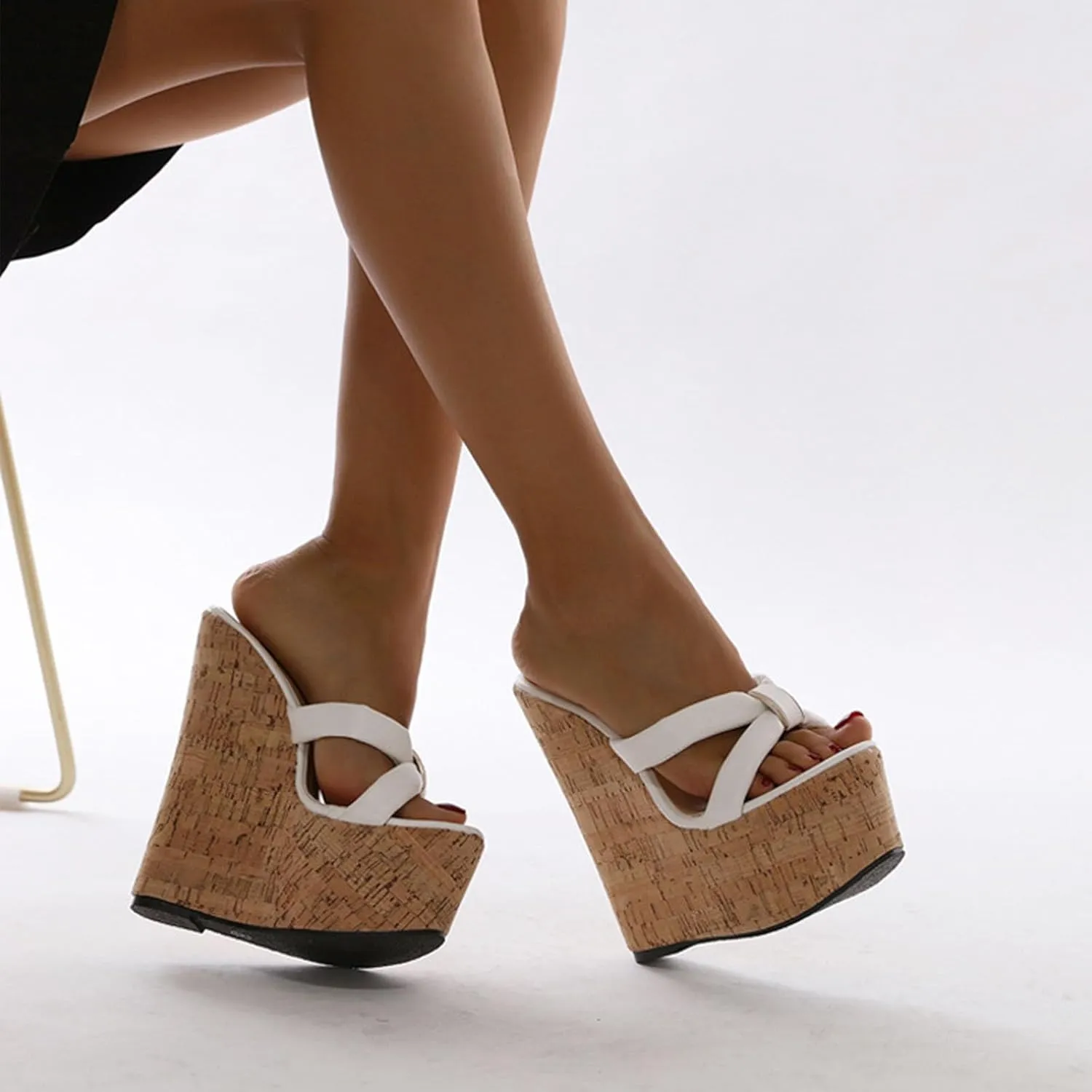 Women Wedge Platform High Sandals, Open Toe Flip Flop Breathable Shoes Slip on Leather Cork Straw Crochet Dress Shoe 17.5CM