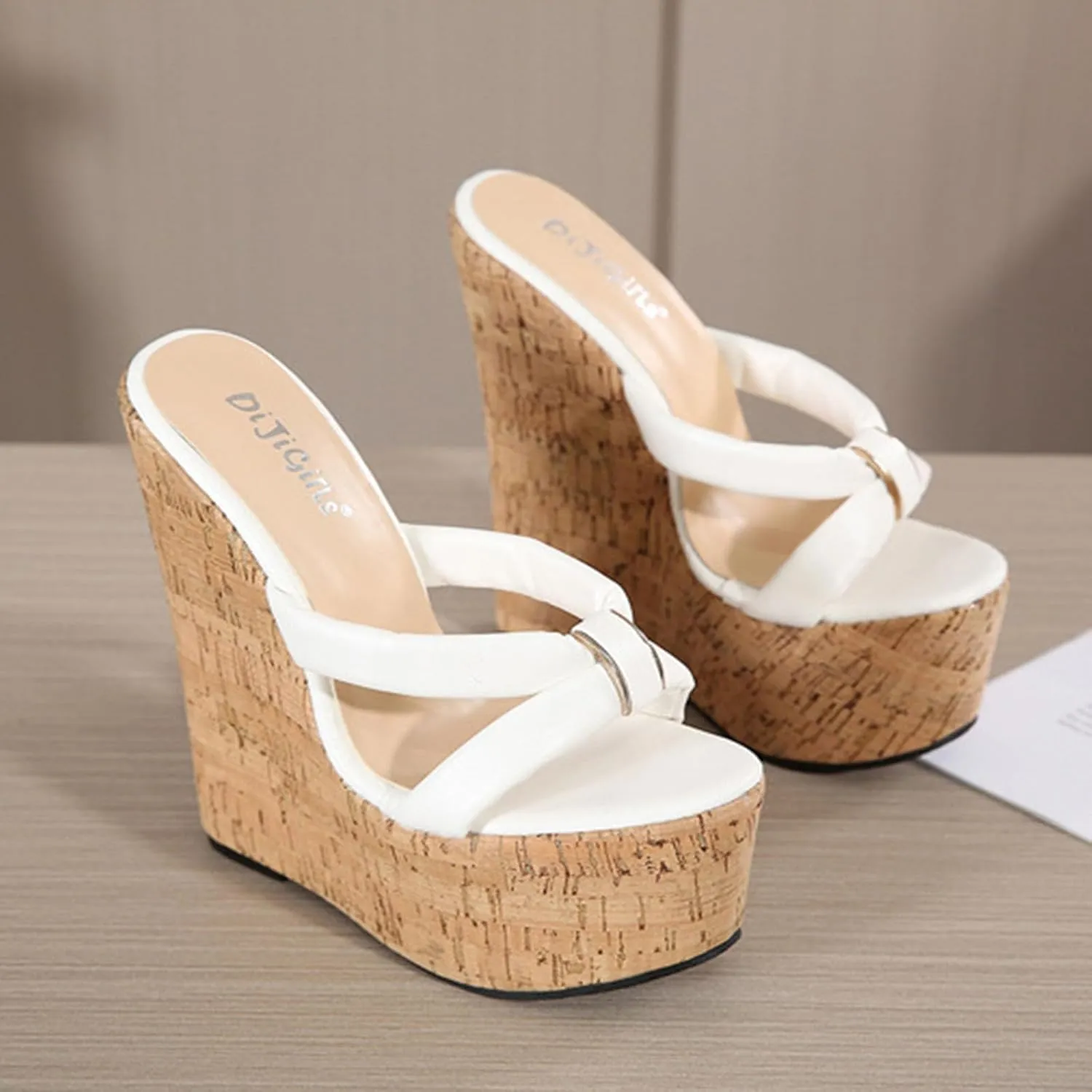 Women Wedge Platform High Sandals, Open Toe Flip Flop Breathable Shoes Slip on Leather Cork Straw Crochet Dress Shoe 17.5CM