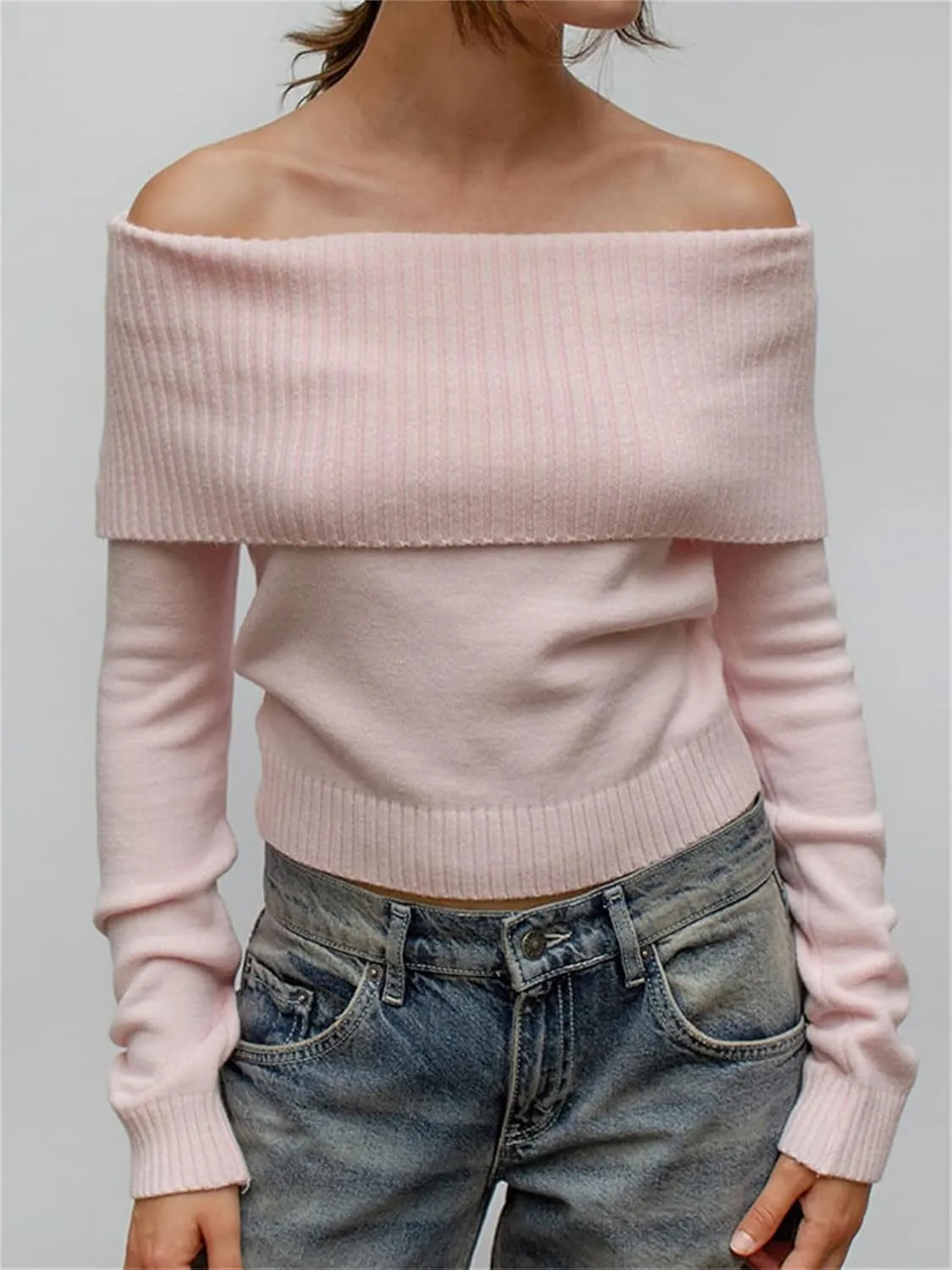 Women Y2k Off Shoulder Sweater Relaxed Fit Long Sleeve Strapless Knit Pullover Top Sexy Aesthetic Fall Streetwear