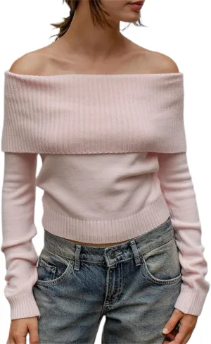 Women Y2k Off Shoulder Sweater Relaxed Fit Long Sleeve Strapless Knit Pullover Top Sexy Aesthetic Fall Streetwear