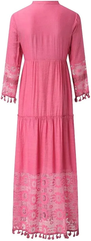 Women's 2024 Boho Long Sleeve V Neck Smocked High Waist Flowy A Line Embroidered Lace Maxi Dress Loose Beach Sundress