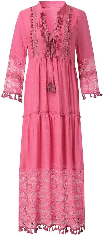 Women's 2024 Boho Long Sleeve V Neck Smocked High Waist Flowy A Line Embroidered Lace Maxi Dress Loose Beach Sundress