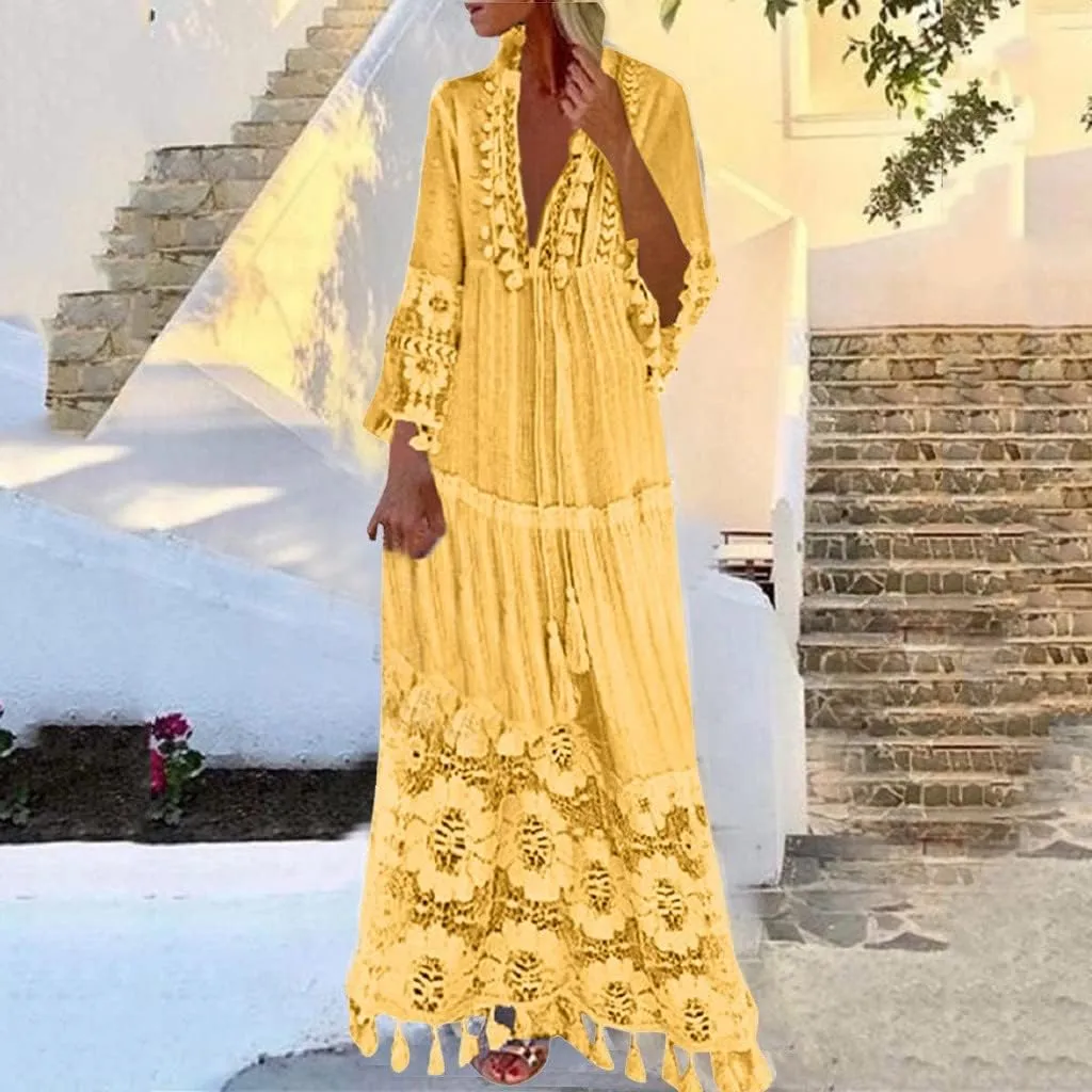 Women's 2024 Boho Long Sleeve V Neck Smocked High Waist Flowy A Line Embroidered Lace Maxi Dress Loose Beach Sundress