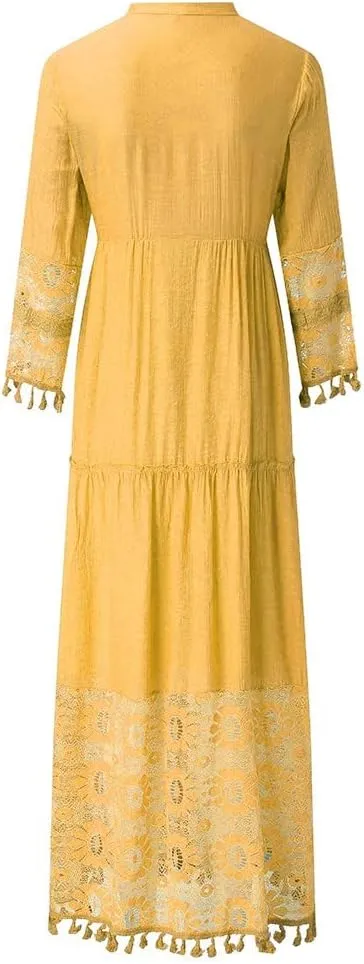 Women's 2024 Boho Long Sleeve V Neck Smocked High Waist Flowy A Line Embroidered Lace Maxi Dress Loose Beach Sundress