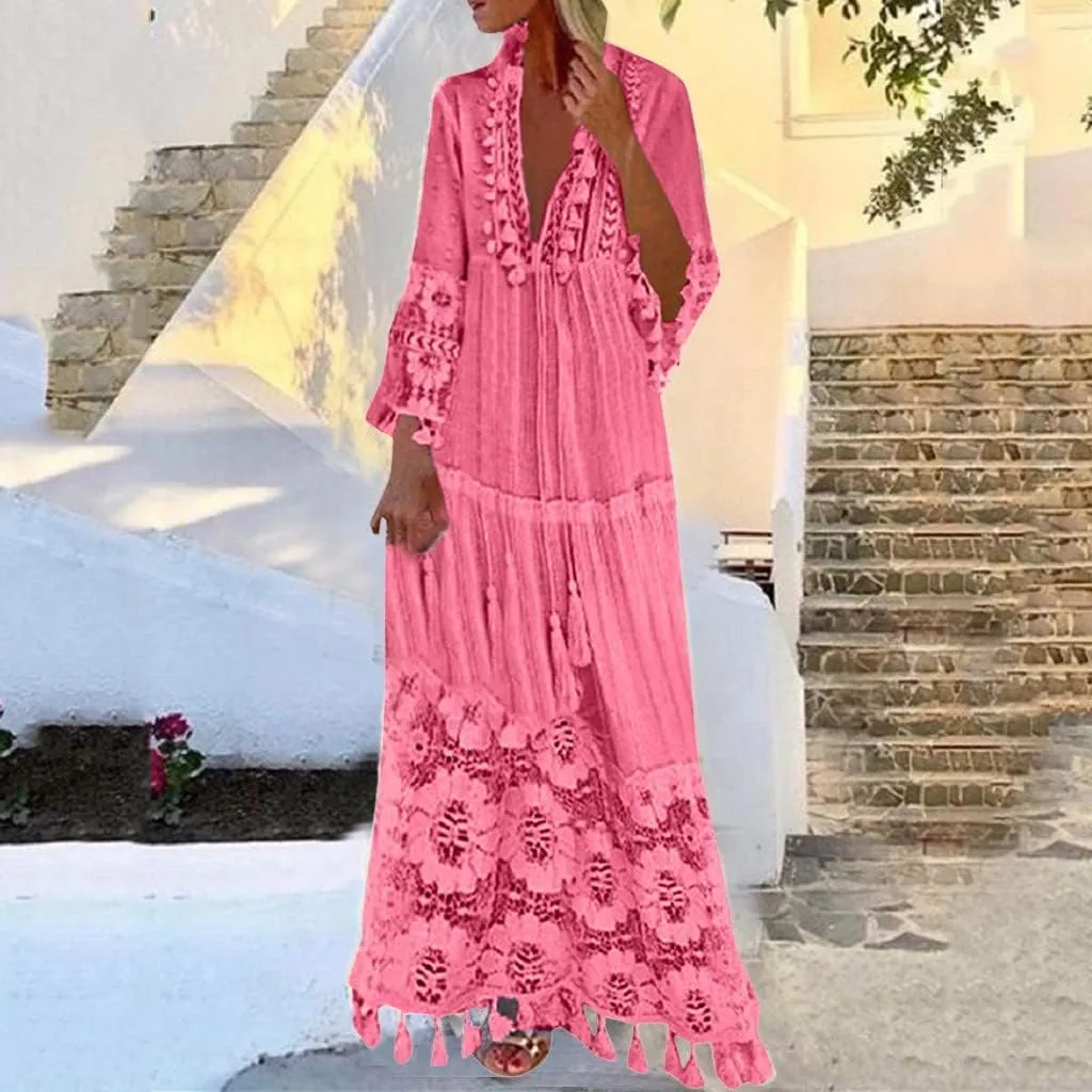 Women's 2024 Boho Long Sleeve V Neck Smocked High Waist Flowy A Line Embroidered Lace Maxi Dress Loose Beach Sundress