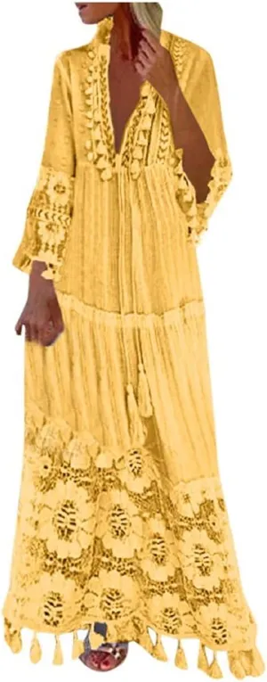 Women's 2024 Boho Long Sleeve V Neck Smocked High Waist Flowy A Line Embroidered Lace Maxi Dress Loose Beach Sundress