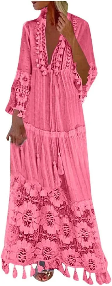 Women's 2024 Boho Long Sleeve V Neck Smocked High Waist Flowy A Line Embroidered Lace Maxi Dress Loose Beach Sundress