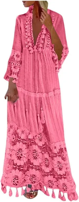 Women's 2024 Boho Long Sleeve V Neck Smocked High Waist Flowy A Line Embroidered Lace Maxi Dress Loose Beach Sundress