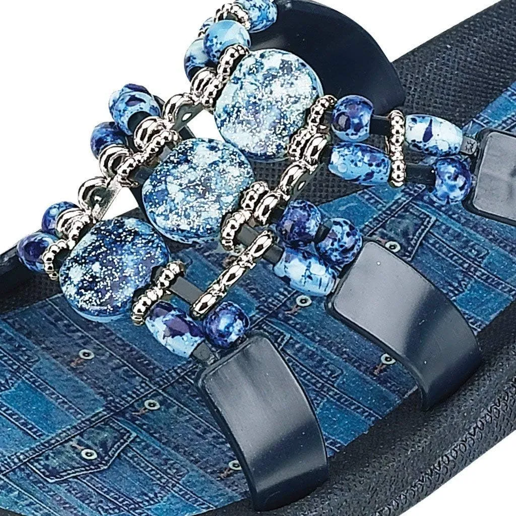 Women's 25550d Denim Slide Jeweled Waterproof Molded Sole Summer Sandals