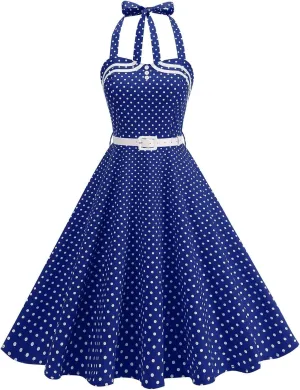 Womens 50s Vintage Polka Dot Halter Cocktail Swing Dress Button 1950s Rockabilly Tea Party Dresses Prom Ball Gown
