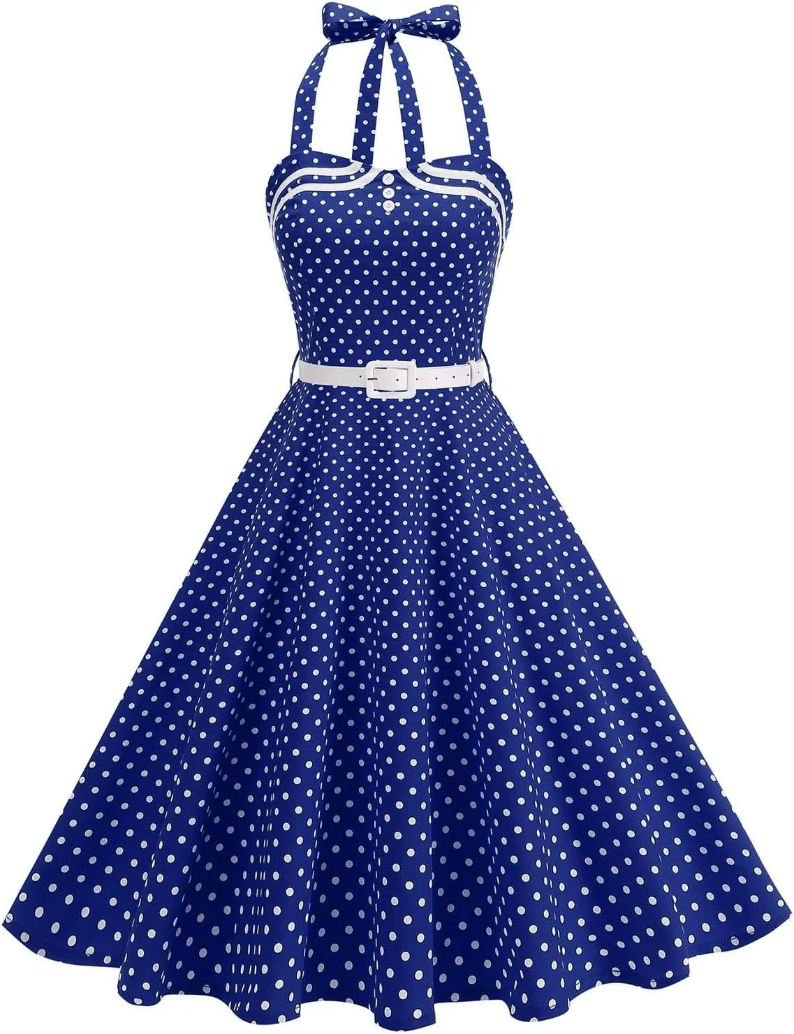 Womens 50s Vintage Polka Dot Halter Cocktail Swing Dress Button 1950s Rockabilly Tea Party Dresses Prom Ball Gown