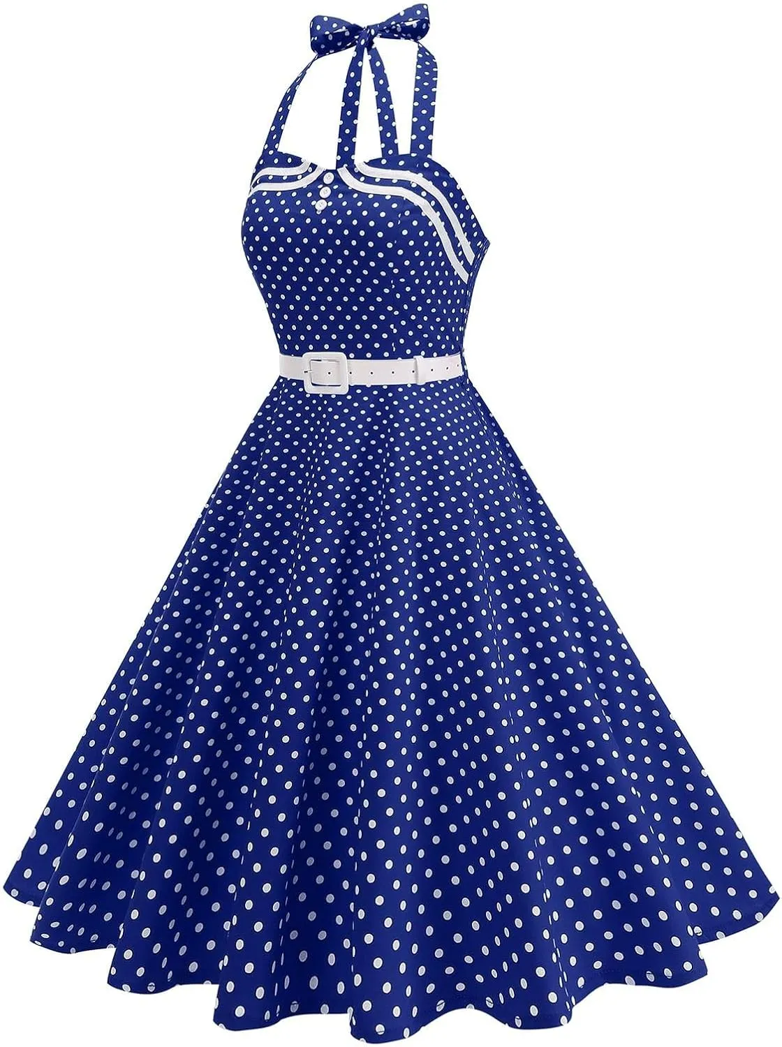 Womens 50s Vintage Polka Dot Halter Cocktail Swing Dress Button 1950s Rockabilly Tea Party Dresses Prom Ball Gown
