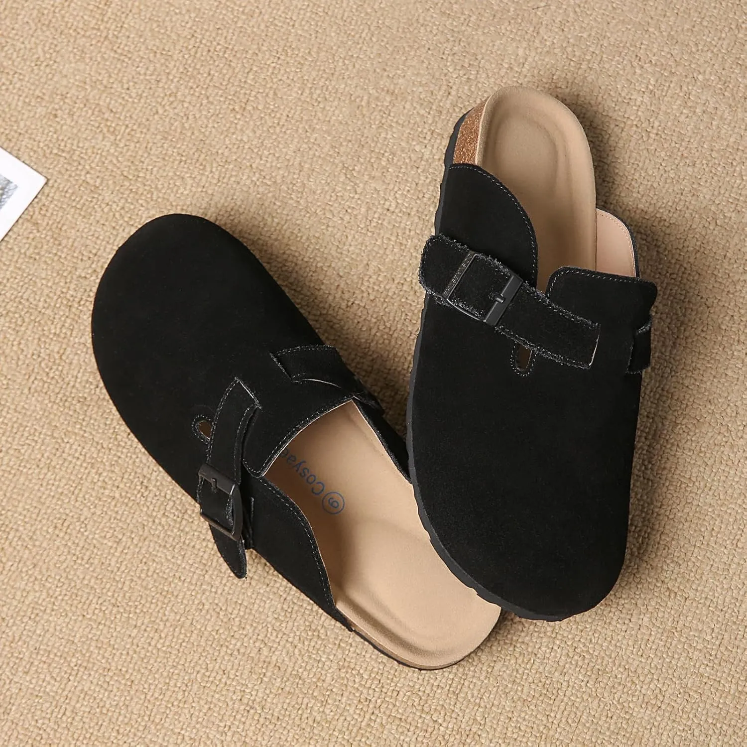 Women's and Men's Cork Suede Clogs and Mules,Soft Leather Sandal,House Slipper,Skin-Friendly Footbed,Adjustable Buckle,Arch Support