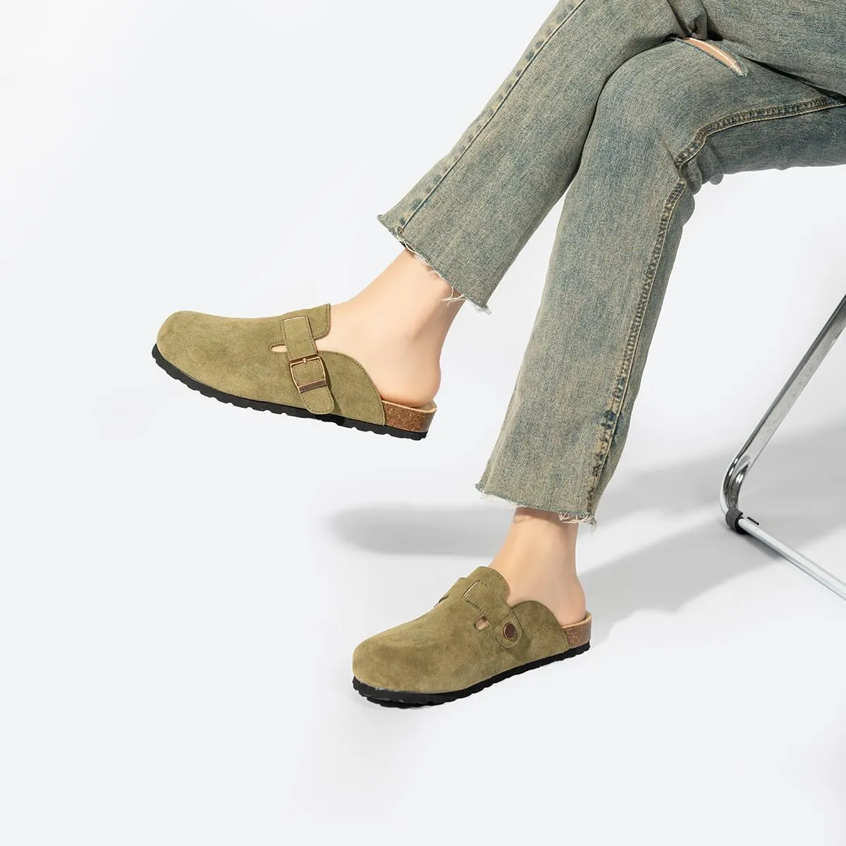 Women's and Men's Cork Suede Clogs and Mules,Soft Leather Sandal,House Slipper,Skin-Friendly Footbed,Adjustable Buckle,Arch Support