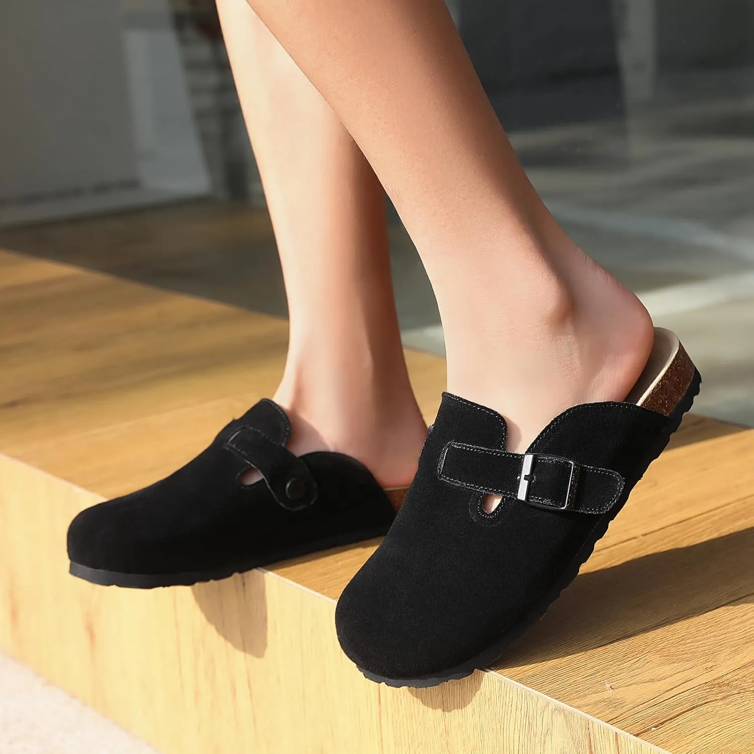 Women's and Men's Cork Suede Clogs and Mules,Soft Leather Sandal,House Slipper,Skin-Friendly Footbed,Adjustable Buckle,Arch Support