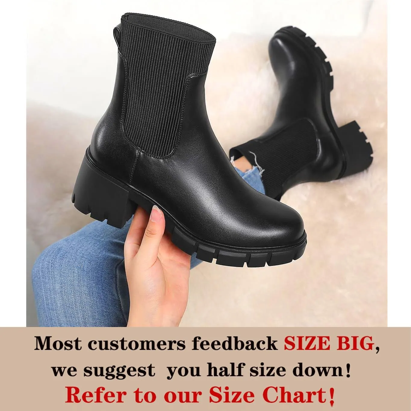 Womens Ankle Boots Lug Sole Comfortable Slip On Chelsea Booties Elastic Gore