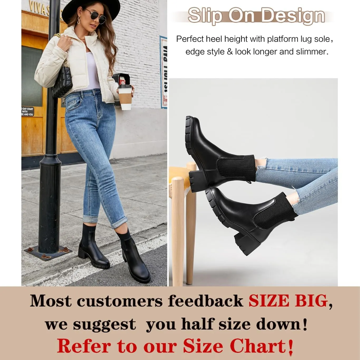 Womens Ankle Boots Lug Sole Comfortable Slip On Chelsea Booties Elastic Gore
