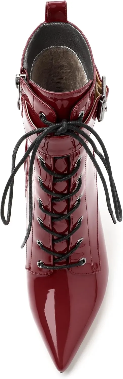 Women's Ankle Boots, Pointed Toe Lace up High Heel Booties, Side Zipper Fashion Solid Short Boot for Women