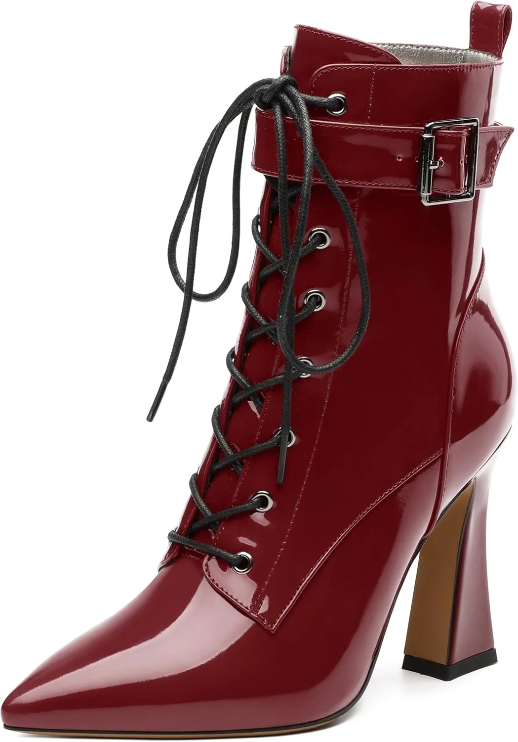 Women's Ankle Boots, Pointed Toe Lace up High Heel Booties, Side Zipper Fashion Solid Short Boot for Women