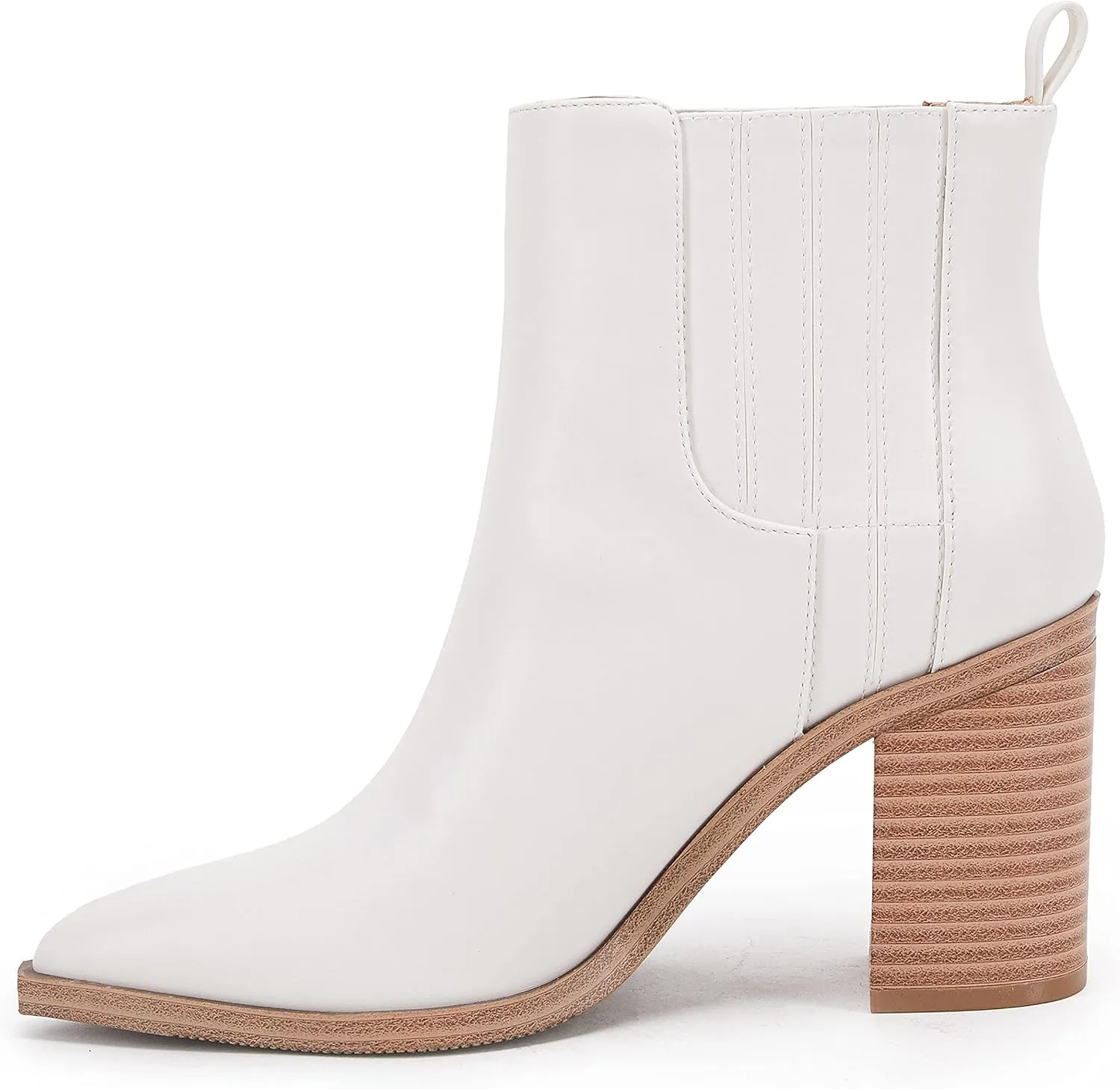 Womens Ankle Boots Slip on Pointed Toe Chunky Block Mid Heel Leather Elastic Panel Casual Chelsea Western Booties
